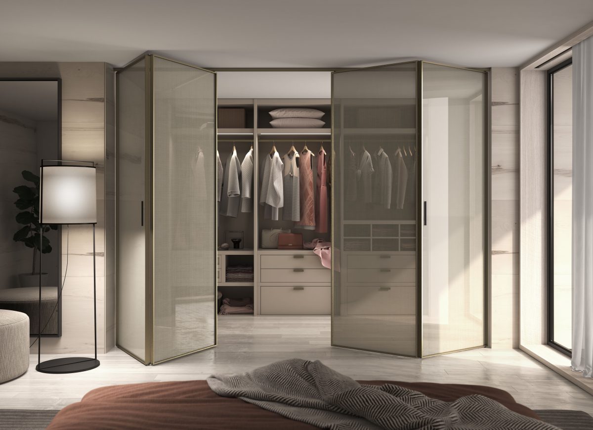 BIFOLD: Dos puertas plegables para cerramiento de armario con cristal textil