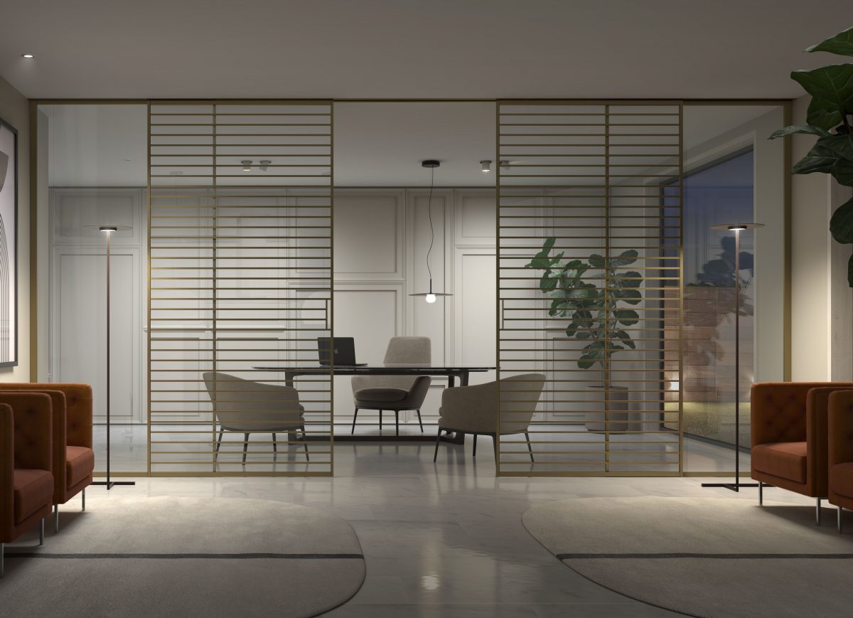 AIR LUMIA: Puerta con guía encastrada a techo. Compuesta por dos fijos laterales y dos hojas centrales con diseño multijaponés