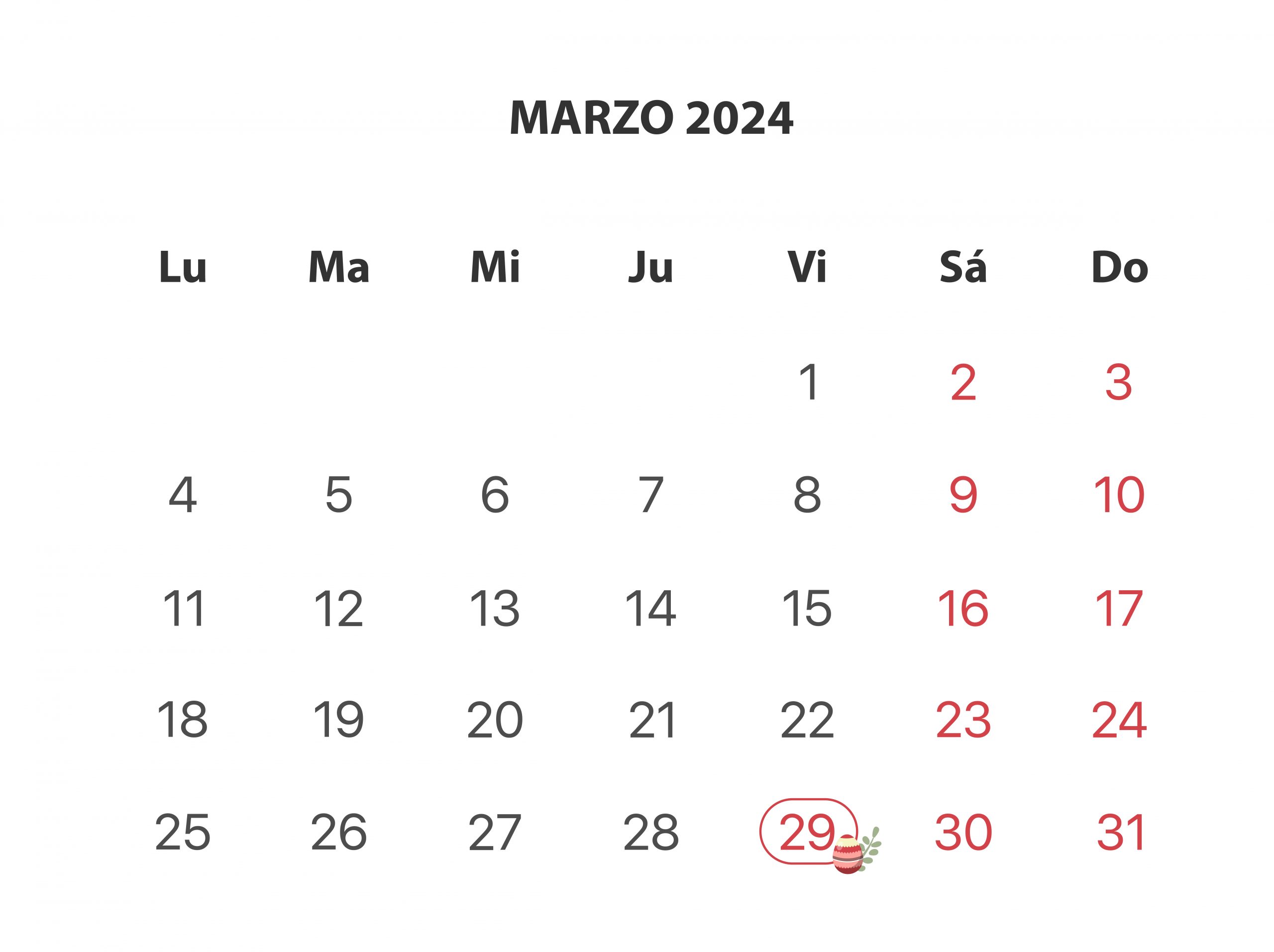 Calendario Marzo 2024